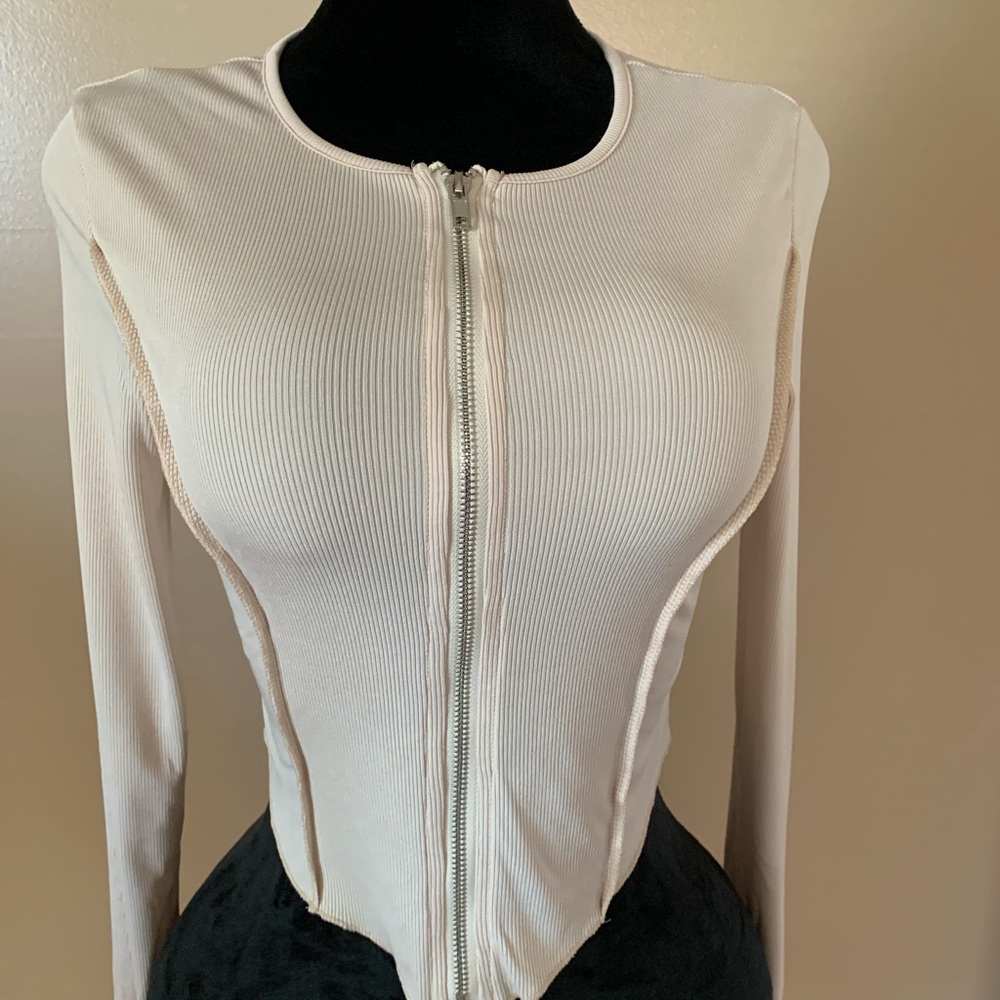 SHEIN Cream Long Sleeve Zip-Up Top